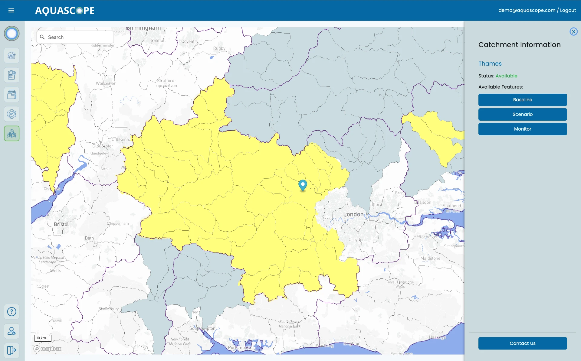 Aquascope platform map highlighting the Thames catchment and showing BASELINE, SCENARIO and MONITOR availability