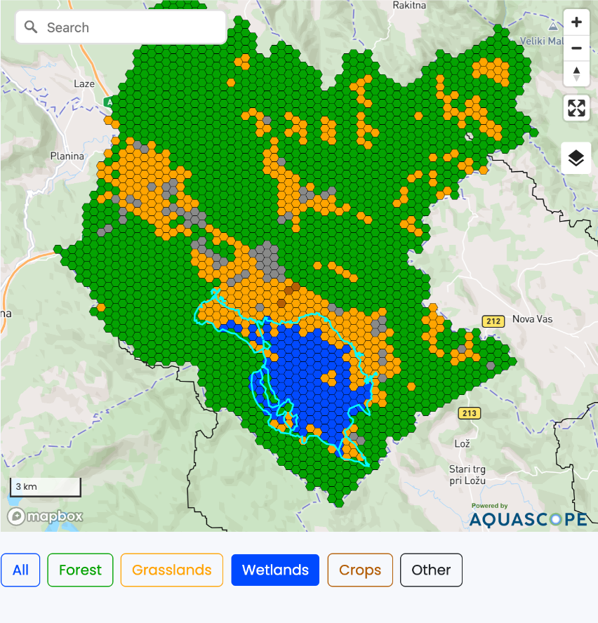 Existing Aquascope Notranjska land-cover map distinguishing forests, grasslands, wetlands and crops