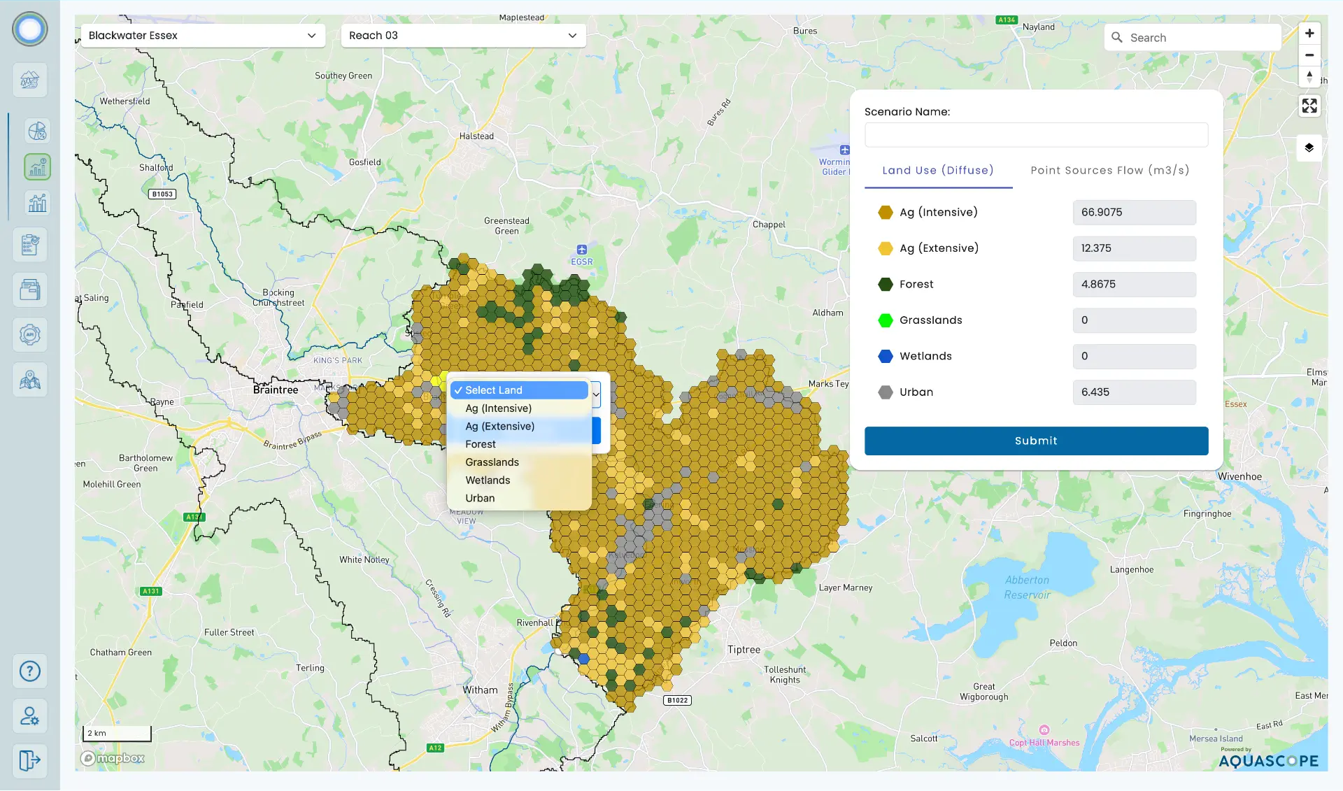 Supplied Blackwater scenario interface with land-use categories and catchment map